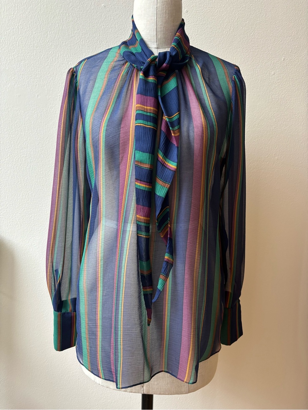 An Only Child Sheer Silk Multicolor Stripe Tie-Neck Blouse